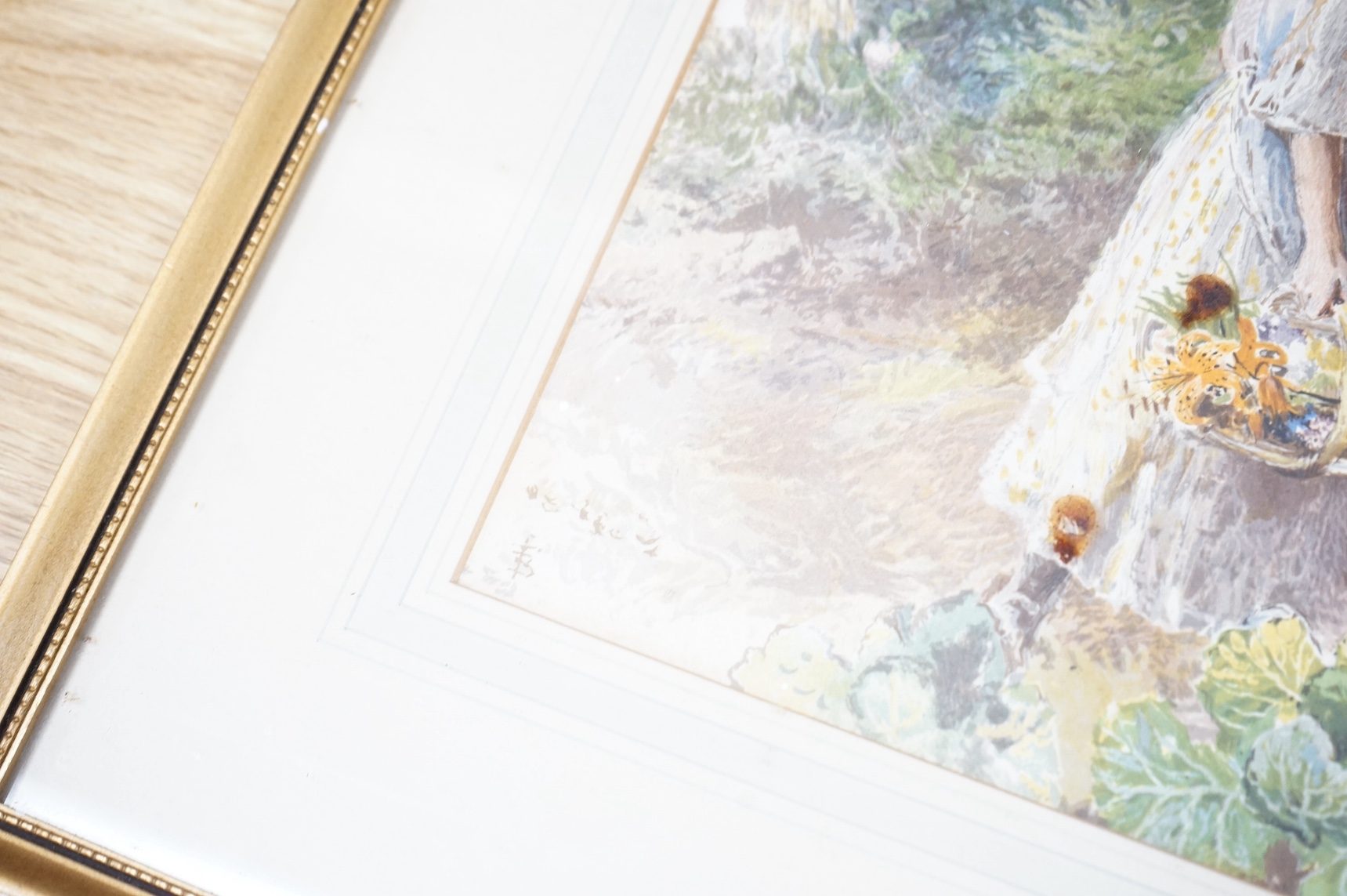 Early 20th century watercolour, Young girl picking flowers, indistinctly monogrammed, 24 x 19cm. Condition - fair, would benefit from a clean